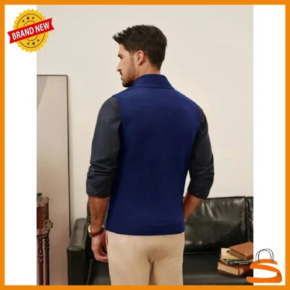 Men's Slim Fit Full Zip Sweater Vest Twill Textured Sleeveless Casual